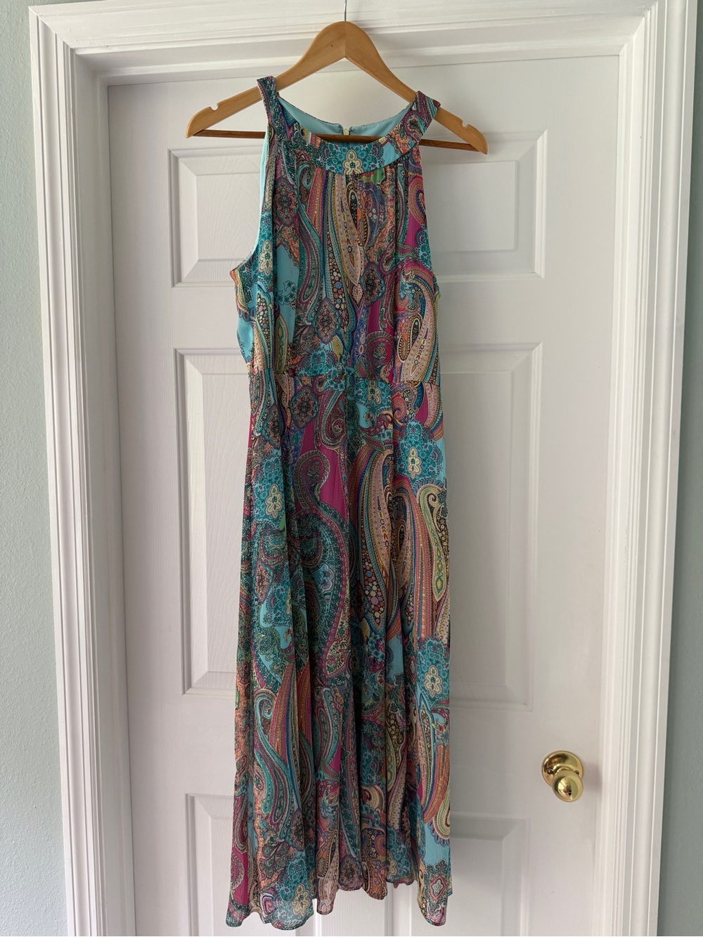 Sleeveless Paisley Maxi Dress in Teal and Pink